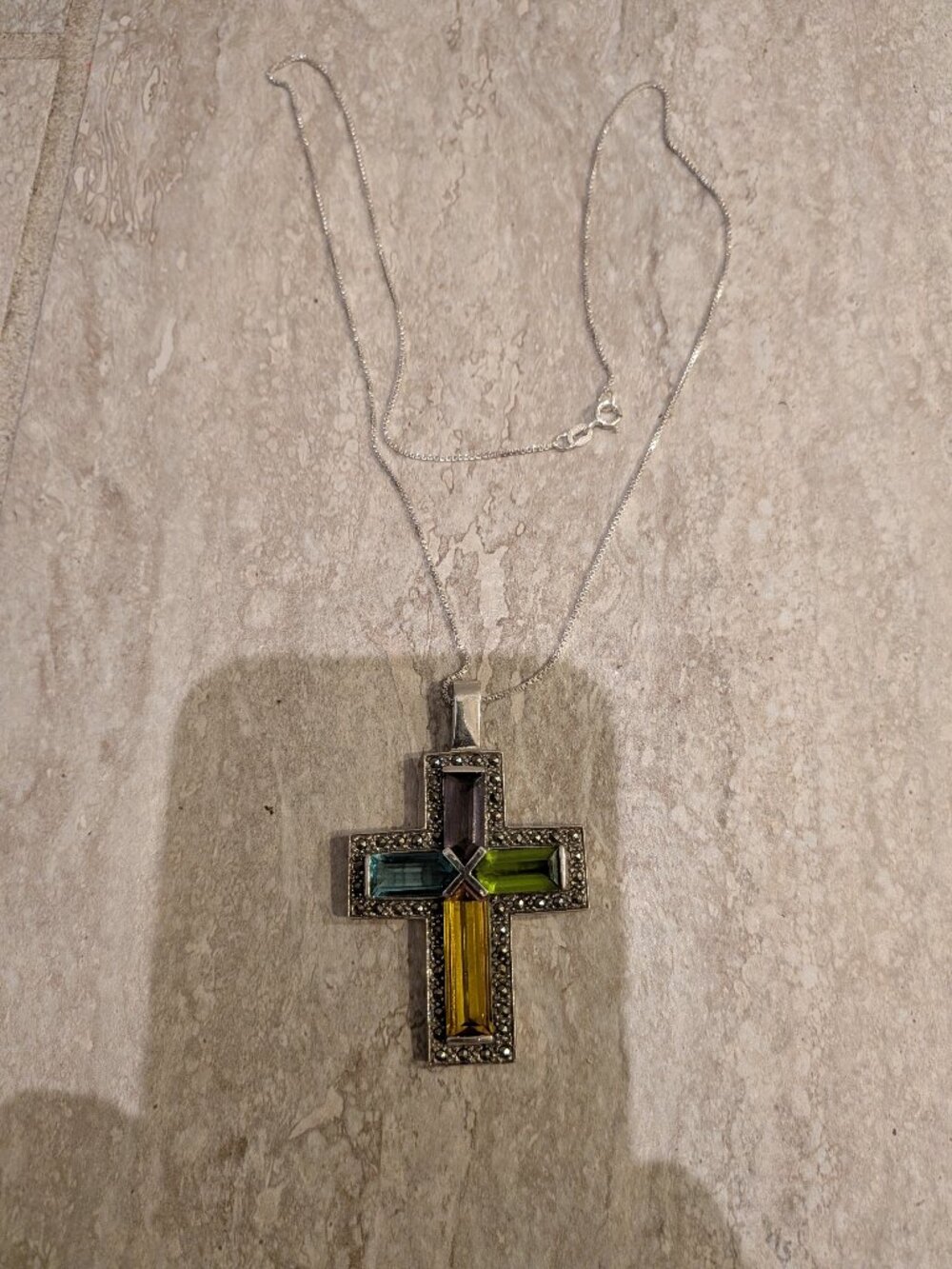 STERLING SILVER MULTI-GEMSTONE LARGE CROSS PENDANT 18 grams